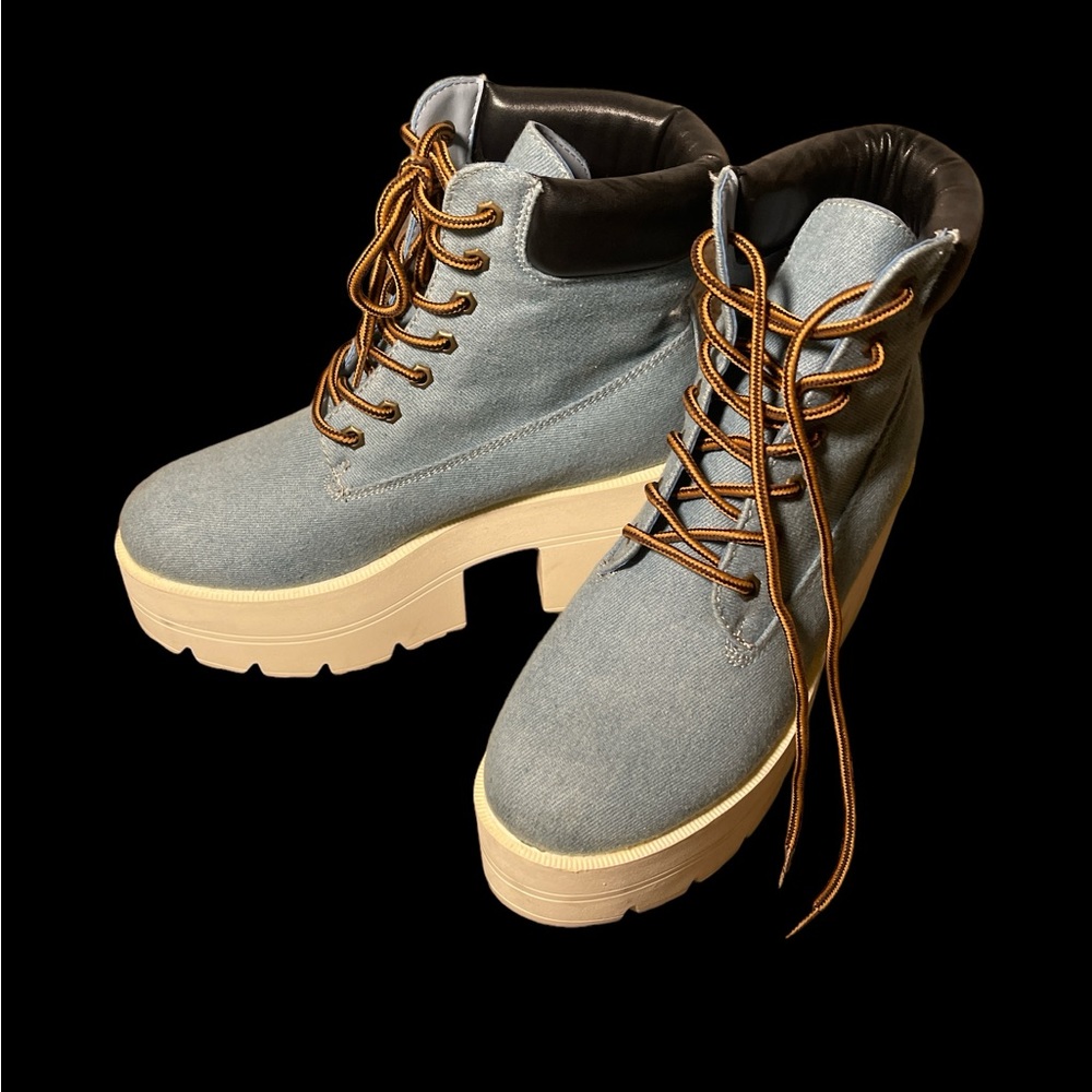 Ready for Burnnie man size 8 denim and a white Timberland like boots